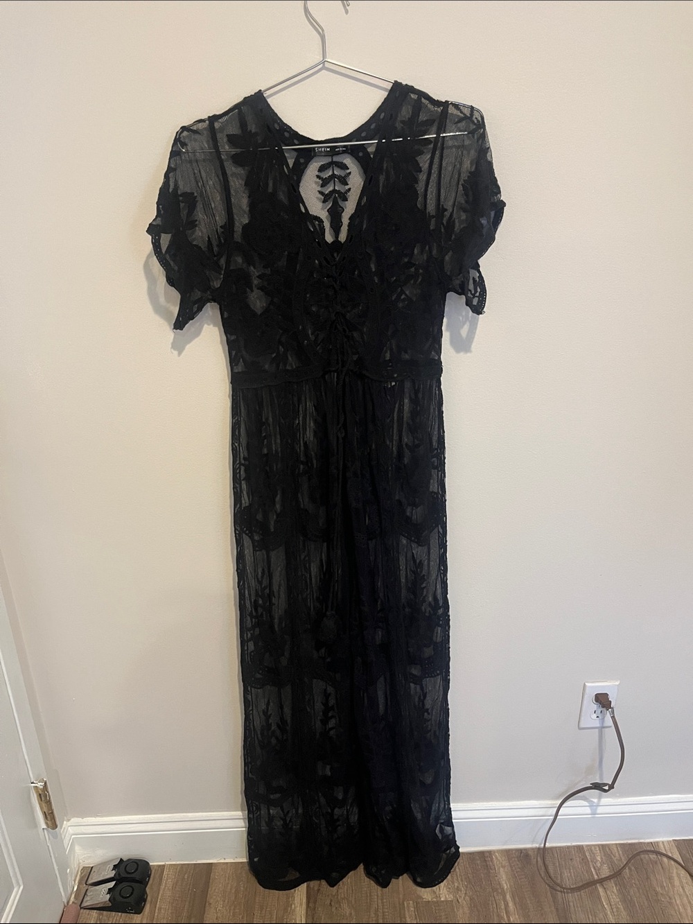 SHEIN Black Sheer Embroidered Maxi Dress